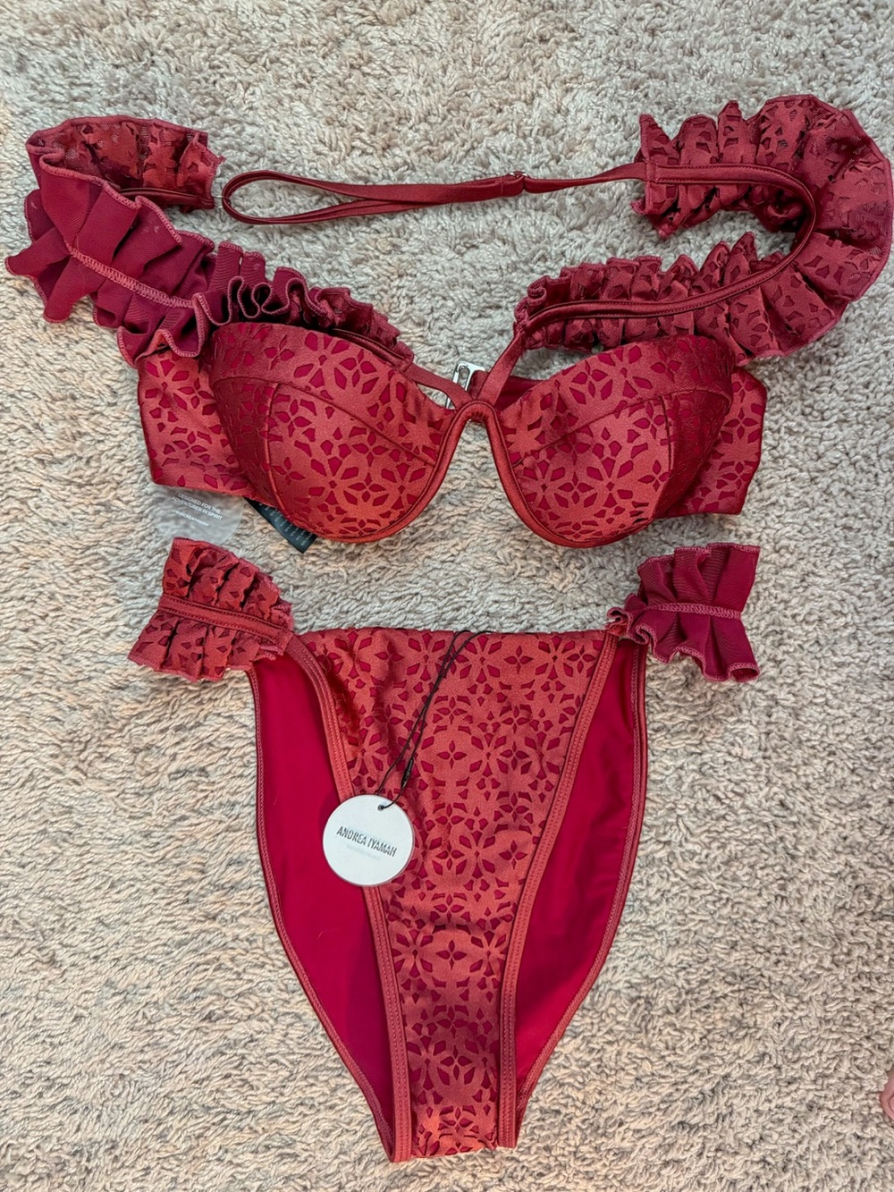 Andrea Iyamah Mulan Bikini Set Wine Burgundy Laser Cut Ruffle NWT Size S